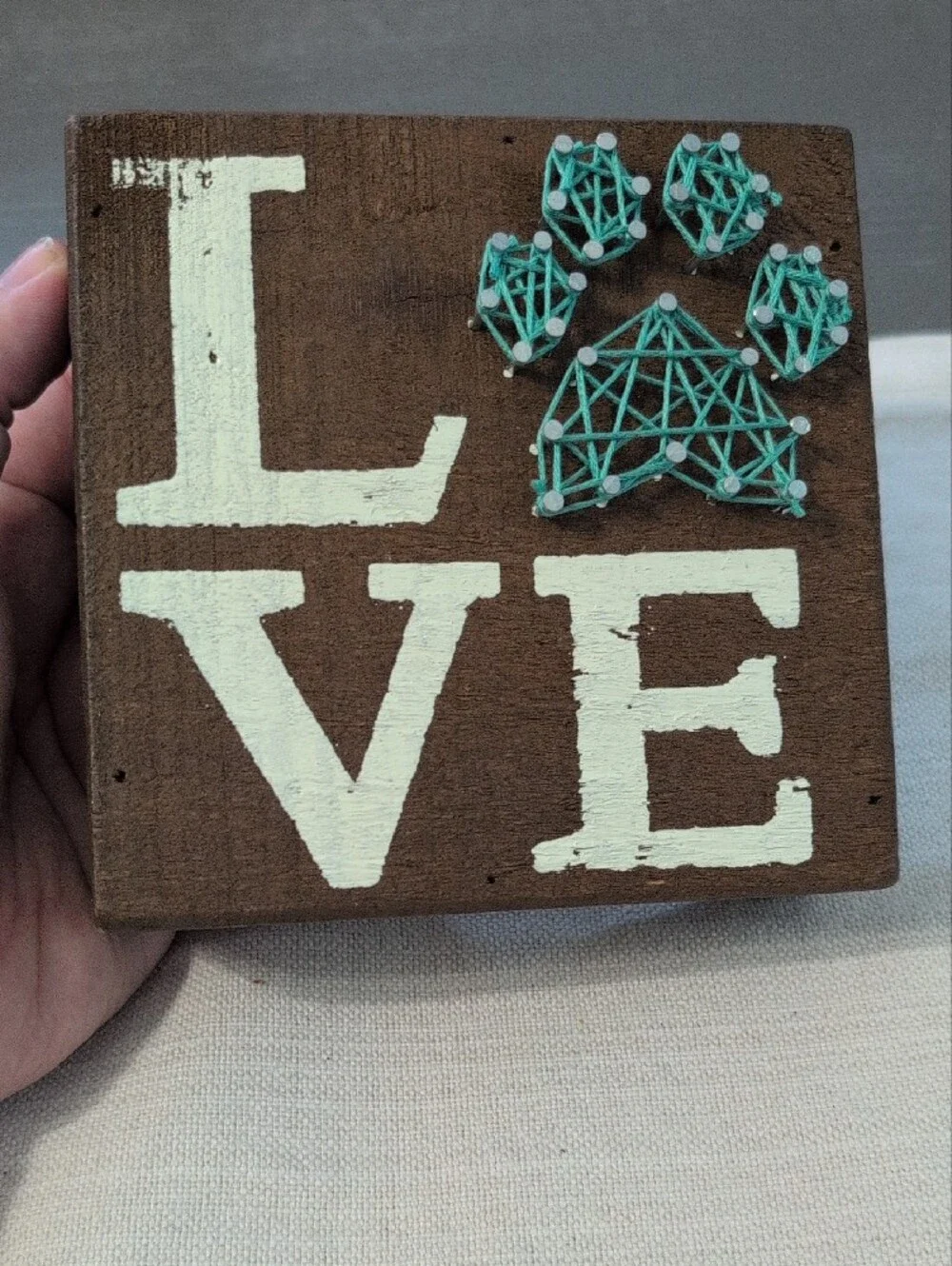LOVE Paw String Art Block - Brown with Teal Paw